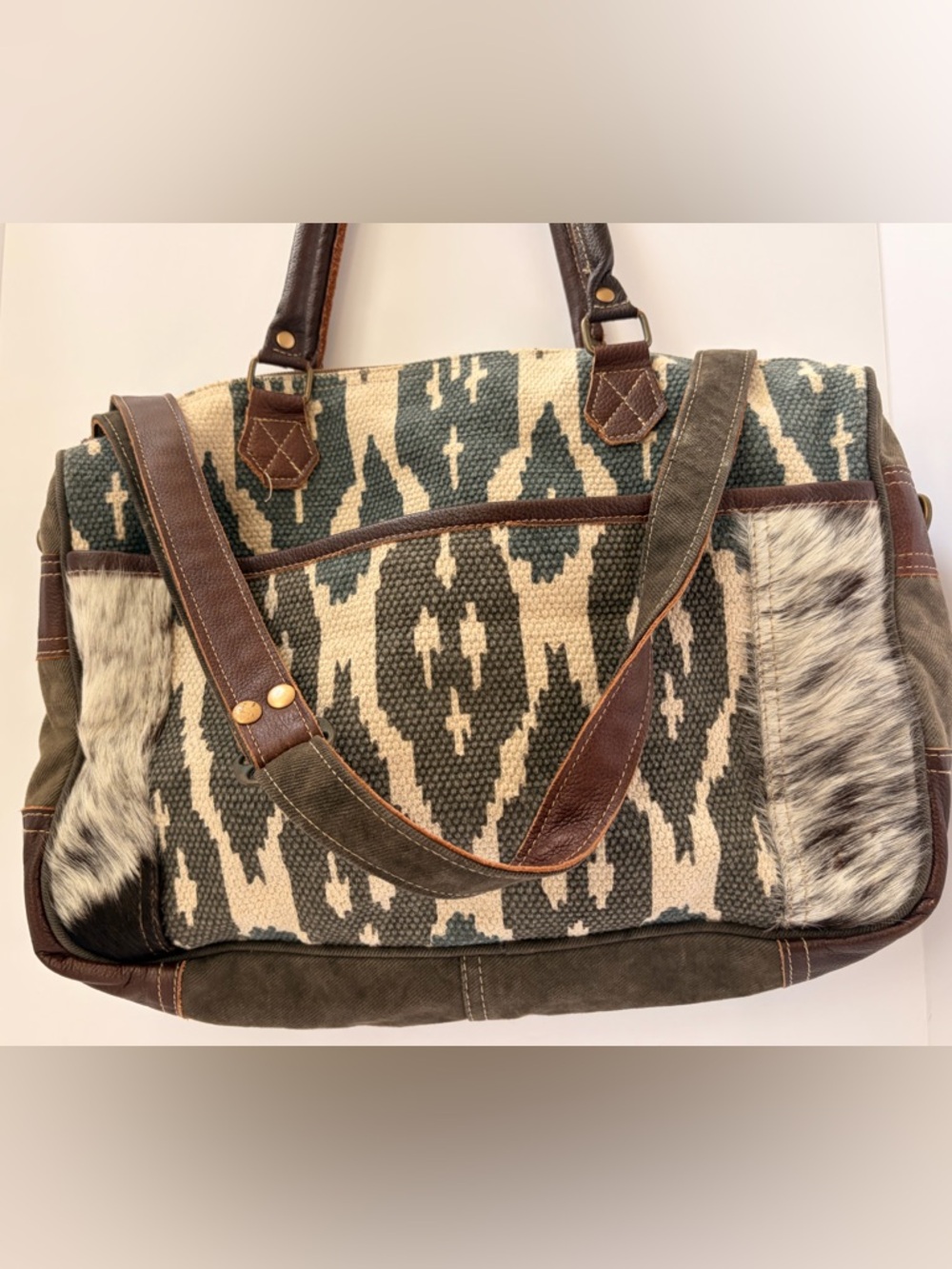 Myra Bag Cream & Olive Ikat Tote with Brown Leather Accents